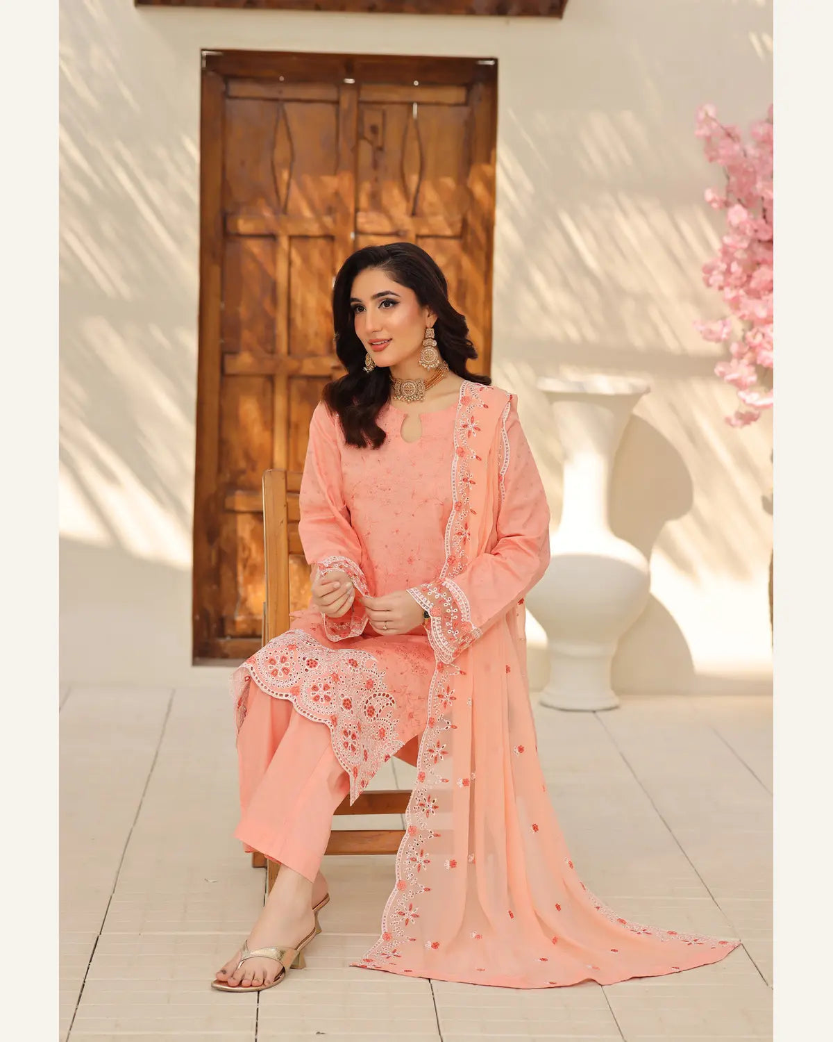 Coral Garden embroidered Broshia lawn suit seated styling view