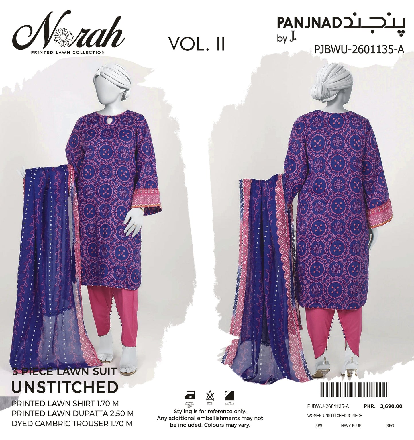 Norah Printed Lawn by J. - PJBWU-2601135-A Navy Blue 3 piece unstitched