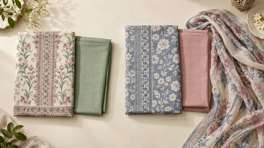 Two-piece and three-piece unstitched lawn suit fabric sets compared side by side