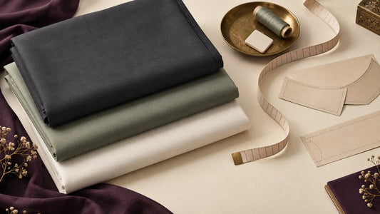 Folded men’s unstitched fabric with measuring tape, tailor’s chalk and collar patterns