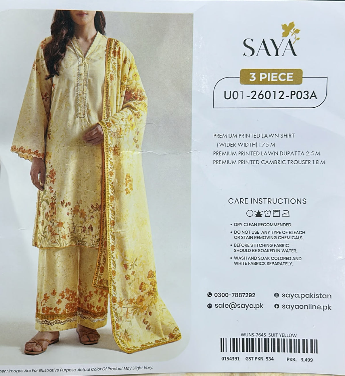 Saya Lawn 3-piece unstitched suit in Yellow, design U01-26012-P03A