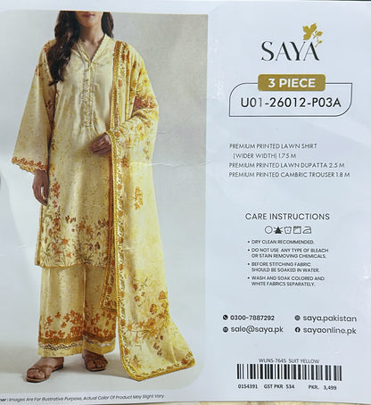 Saya Lawn 3-piece unstitched suit in Yellow, design U01-26012-P03A