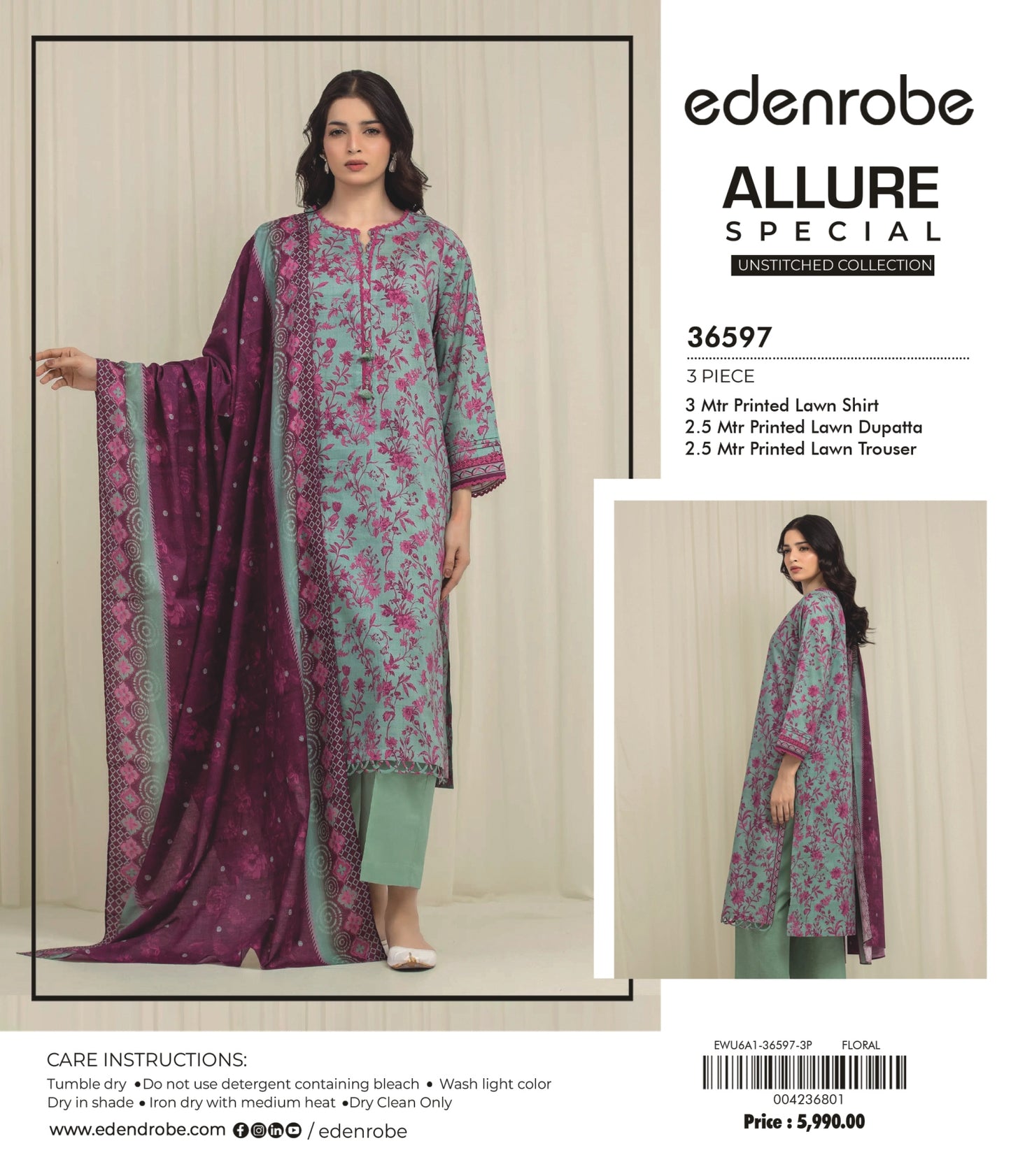 Allure by edenrobe - Design 36597 3-piece unstitched printed lawn
