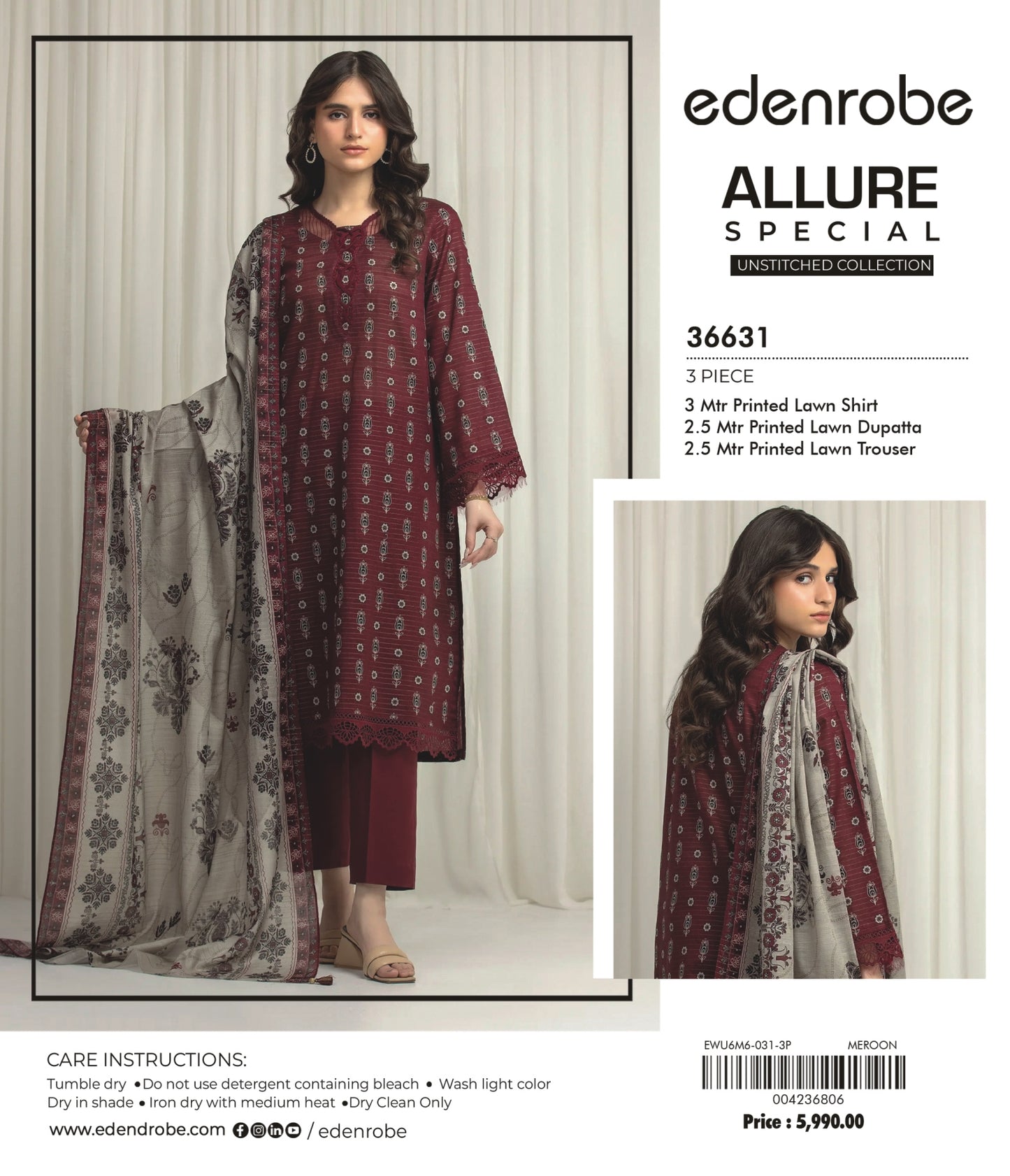 Allure by edenrobe - Design 36631 3-piece unstitched printed lawn
