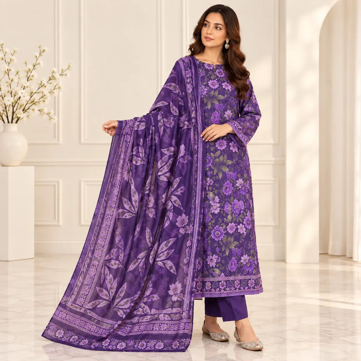 Amethyst Bloom purple lawn suit three-quarter view with chamki voile dupatta
