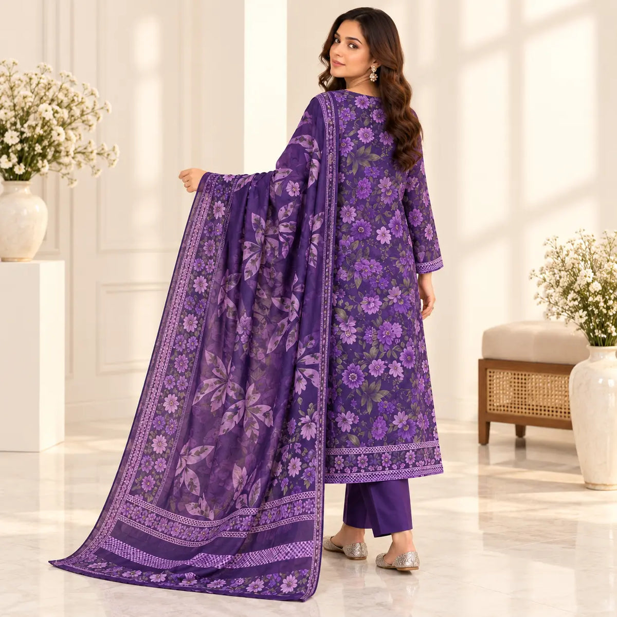 Amethyst Bloom purple lawn suit alternate view showing printed dupatta