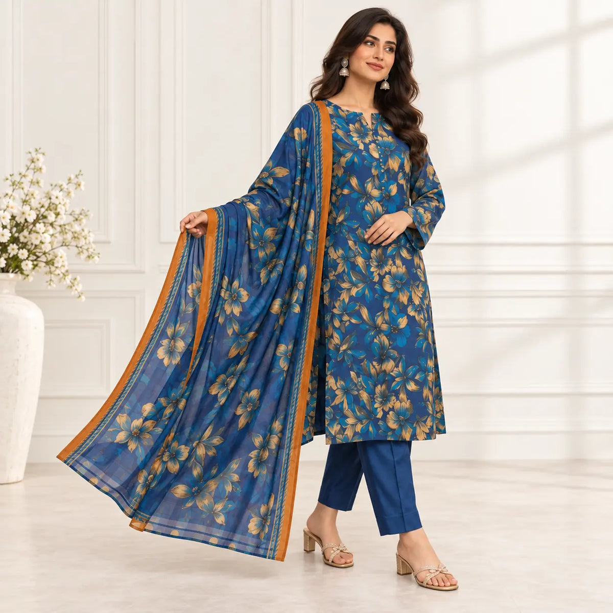 Azure Blossom blue lawn suit three-quarter view with chamki voile dupatta