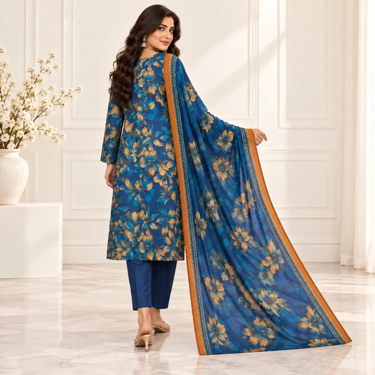 Azure Blossom blue lawn suit alternate view showing printed dupatta