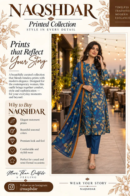 Azure Blossom blue digital printed chamki lawn three-piece suit