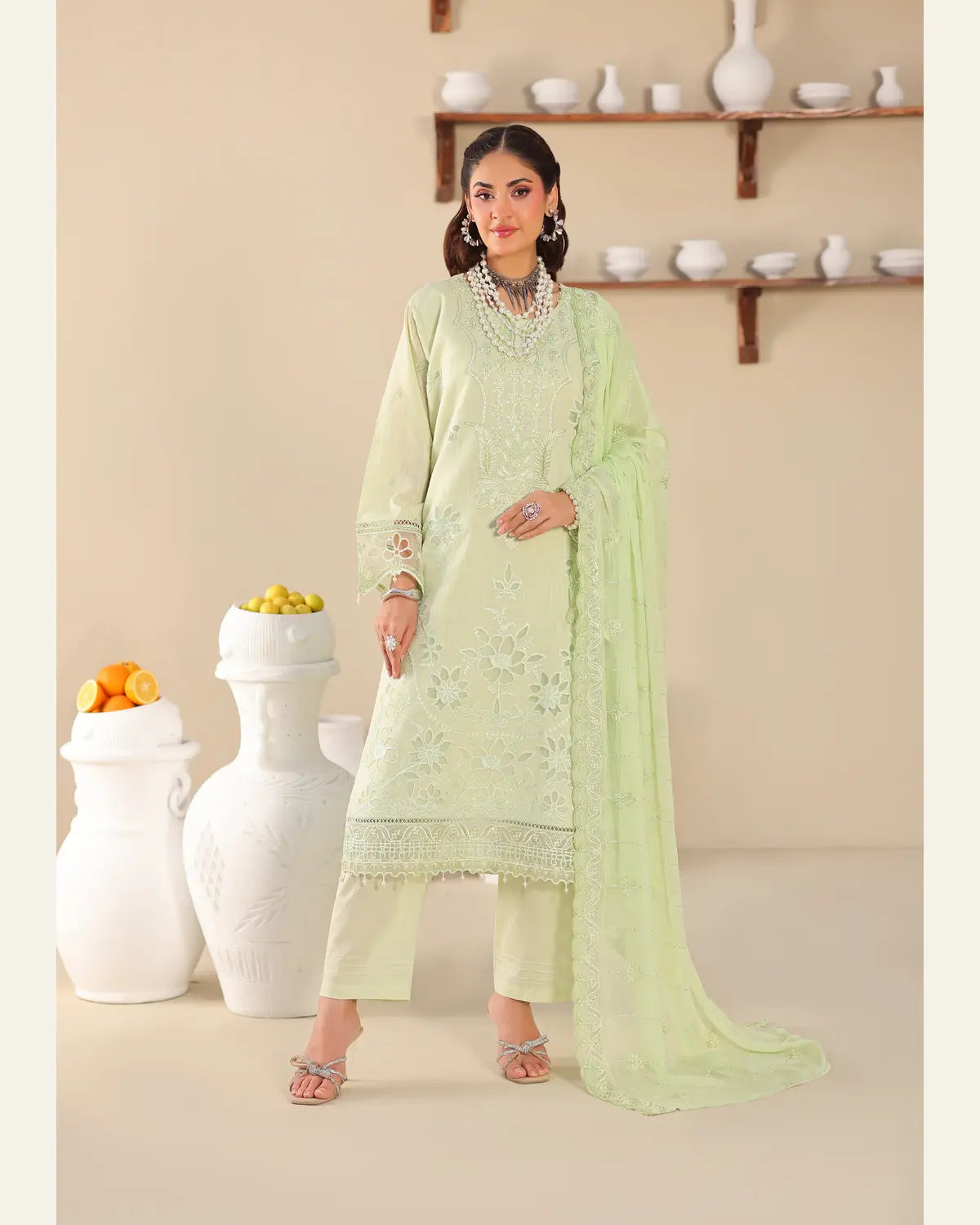 Calm Canvas mint green embroidered chamki lawn full front view