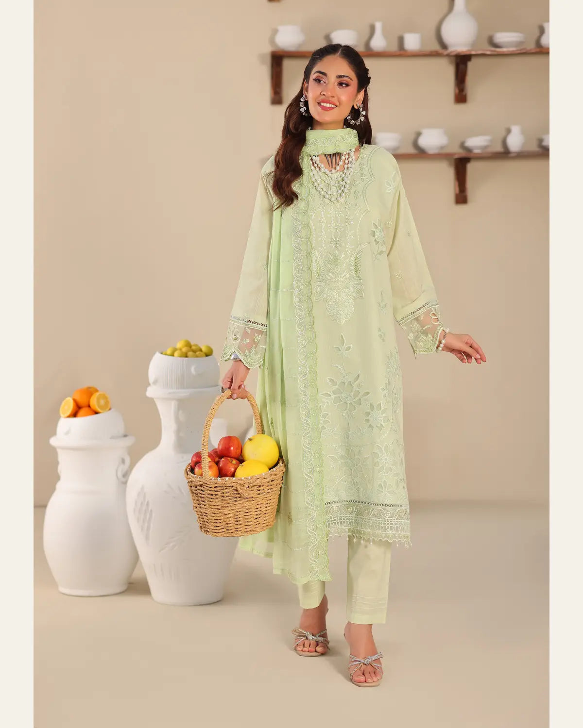 Calm Canvas mint green chamki lawn embroidery detail view