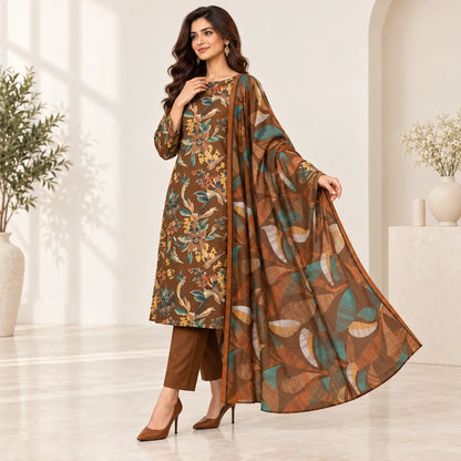 Cocoa Garden brown lawn suit three-quarter view with chamki voile dupatta