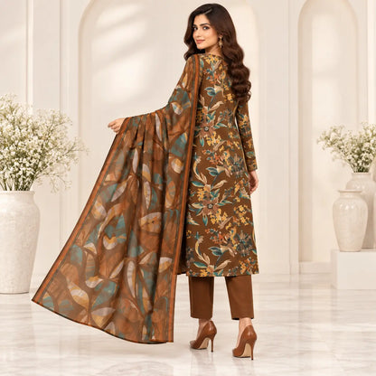 Cocoa Garden brown lawn suit alternate view showing printed dupatta