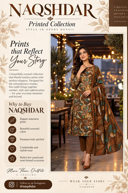 Cocoa Garden brown digital printed chamki lawn three-piece suit