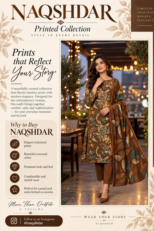 Cocoa Garden brown digital printed chamki lawn three-piece suit