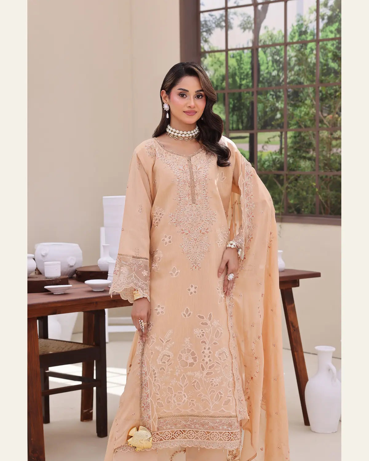 Floral Dawn blush peach embroidered chamki lawn front view