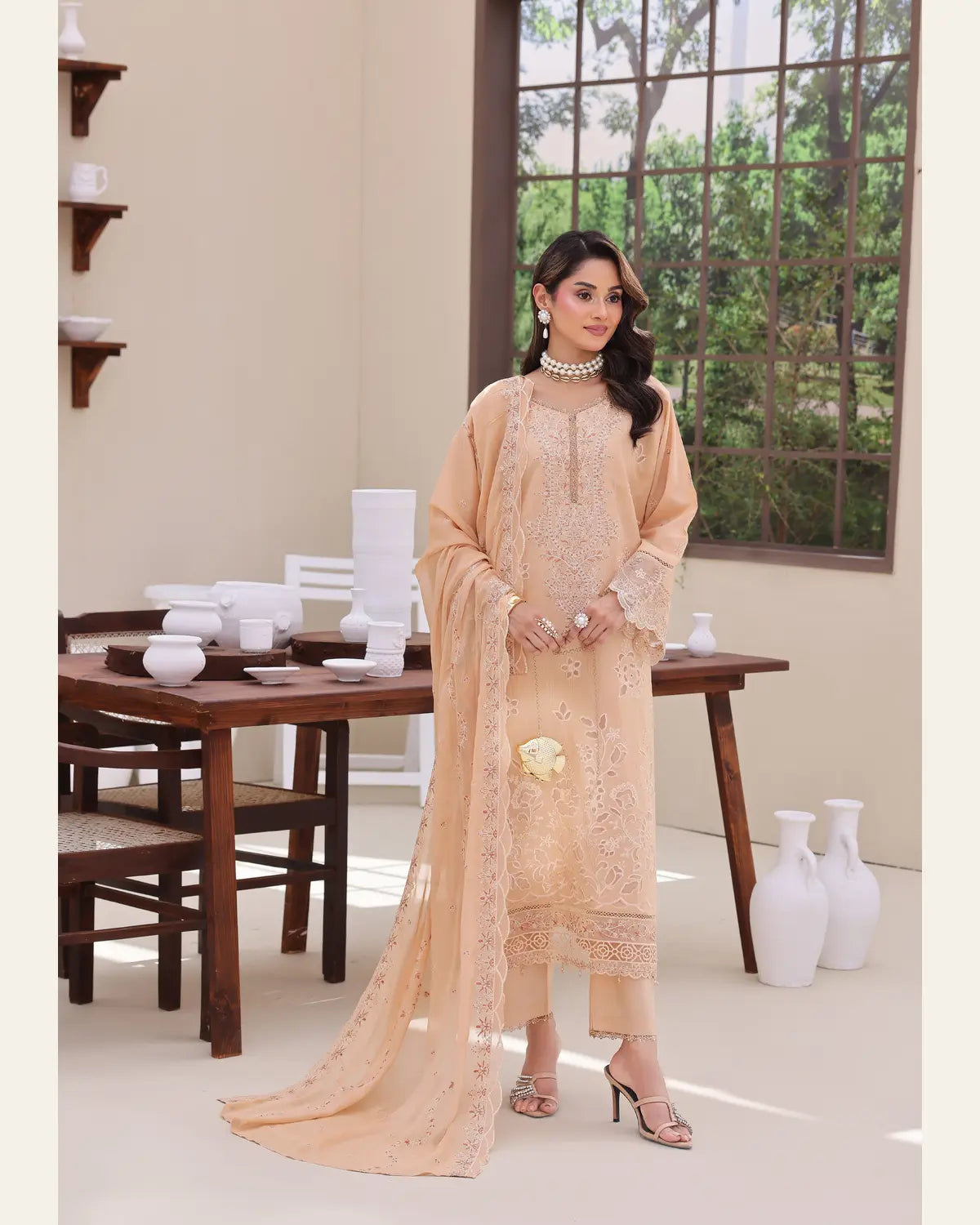 Floral Dawn blush peach 3 piece lawn full view with dupatta
