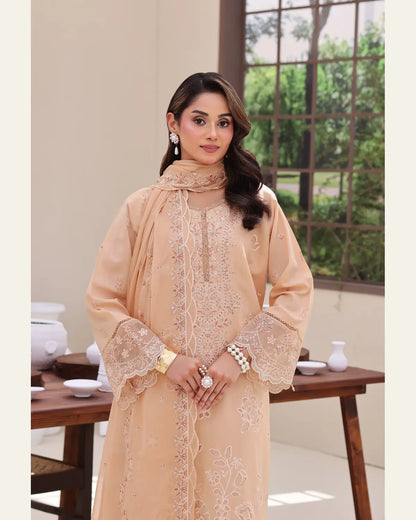Floral Dawn blush peach chamki lawn neckline and embroidery detail