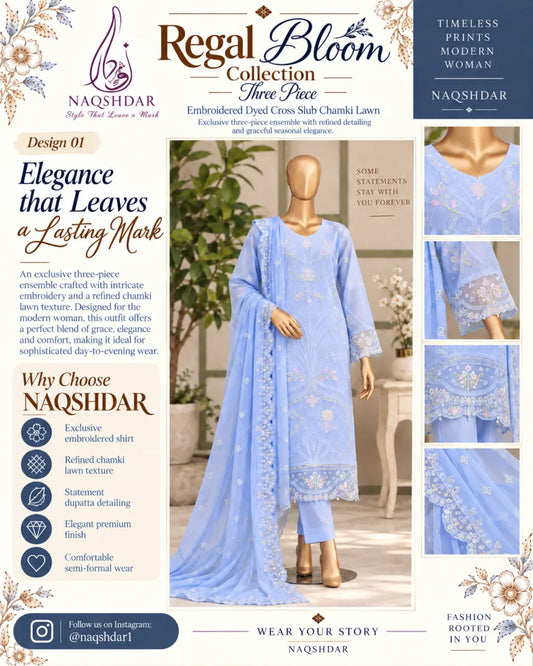 Queen of Hearts Gentle Glow sky blue unstitched chamki lawn 3 piece main catalog view