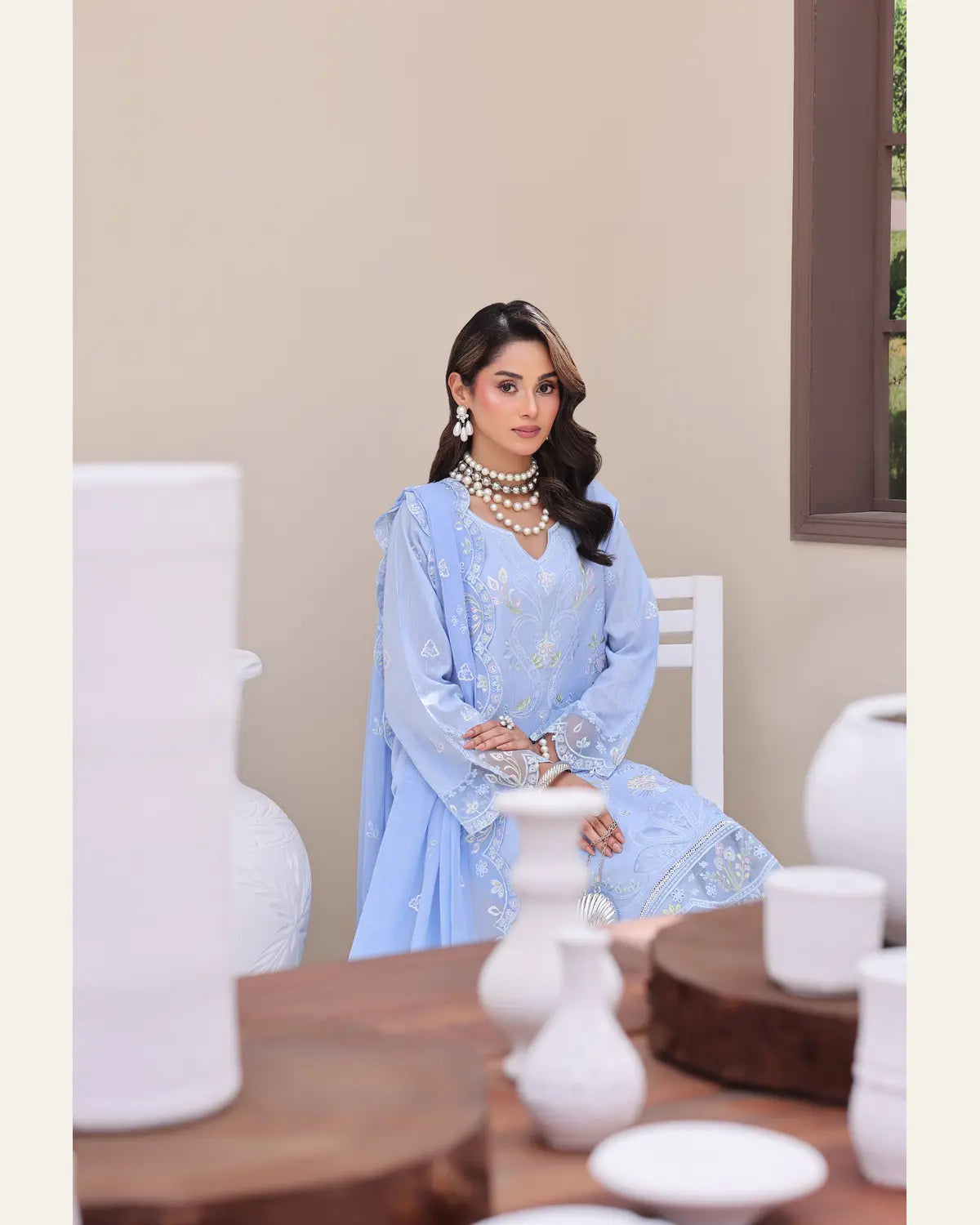 Gentle Glow sky blue embroidered chamki lawn shirt detail view