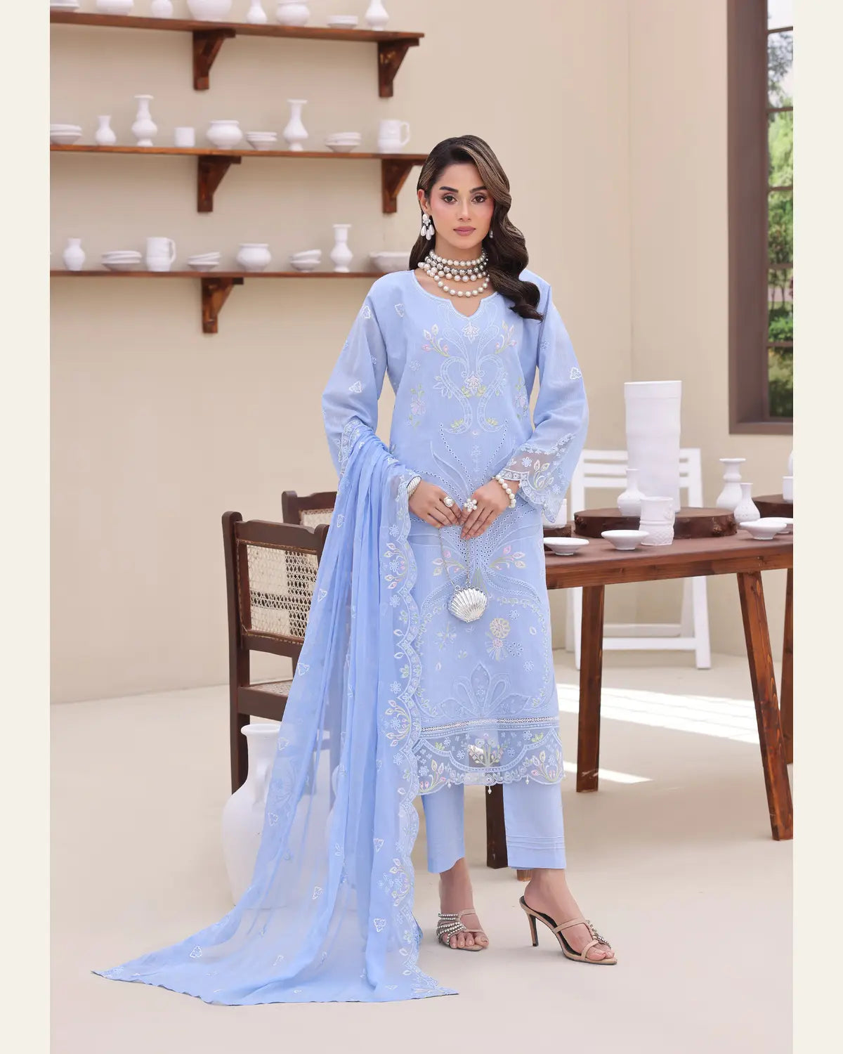 Gentle Glow sky blue unstitched 3 piece lawn full front styling view