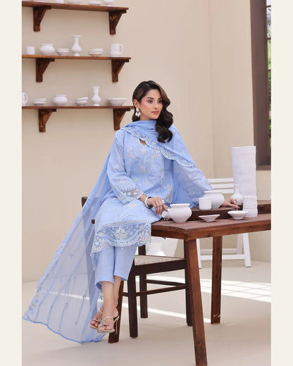 Gentle Glow sky blue chamki lawn seated angle with dupatta