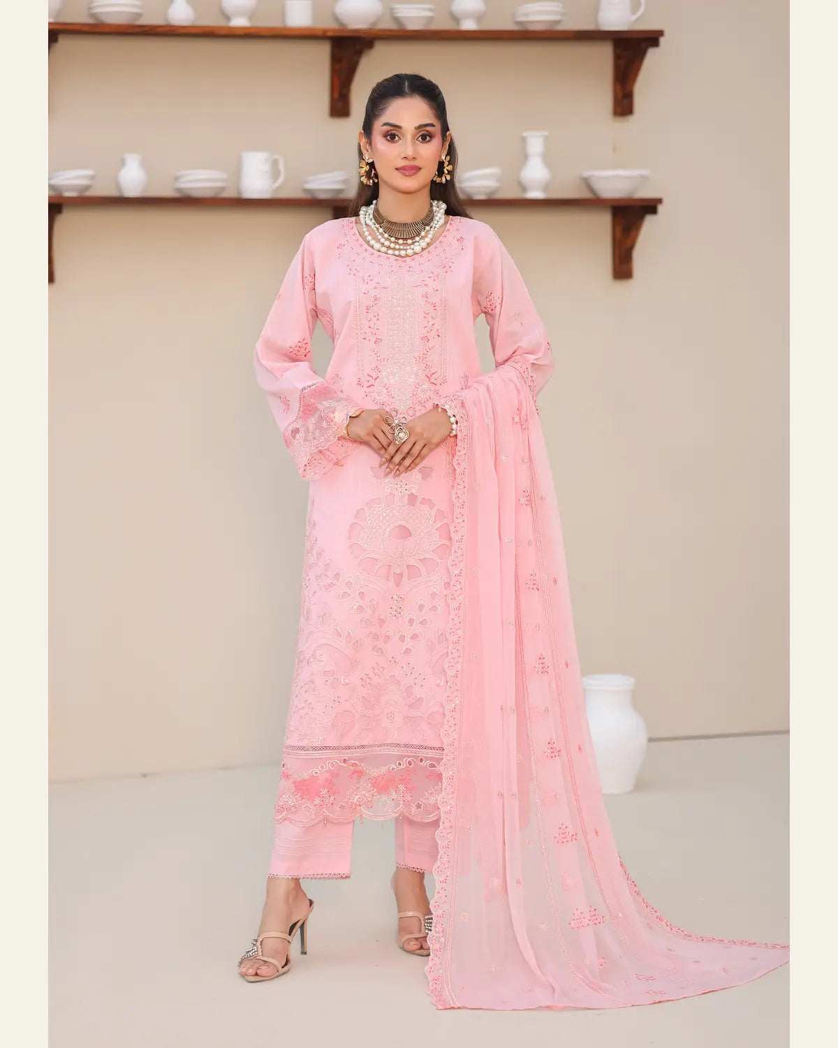 Gentle Motion rose pink embroidered chamki lawn full front view