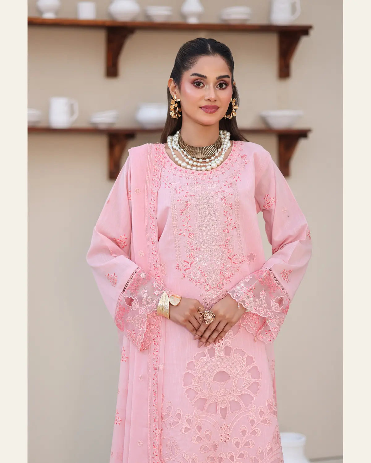 Gentle Motion rose pink chamki lawn neckline and shirt detail
