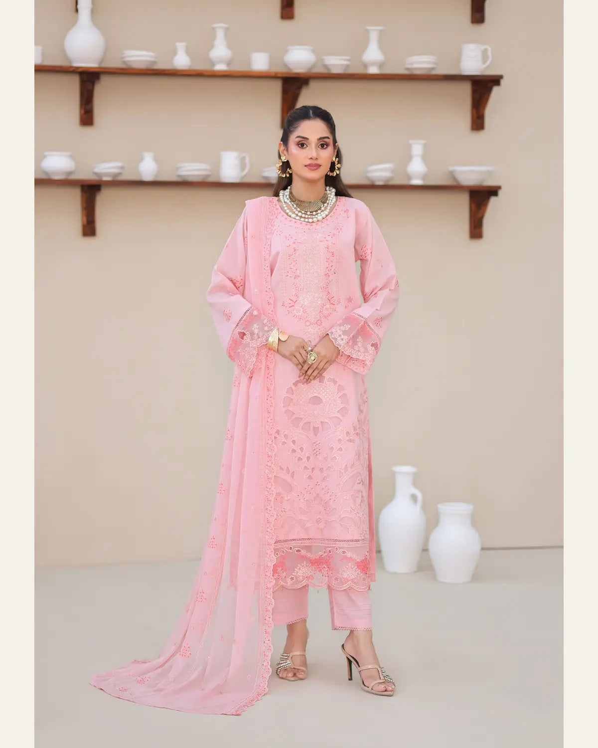 Gentle Motion rose pink 3 piece lawn full styling angle