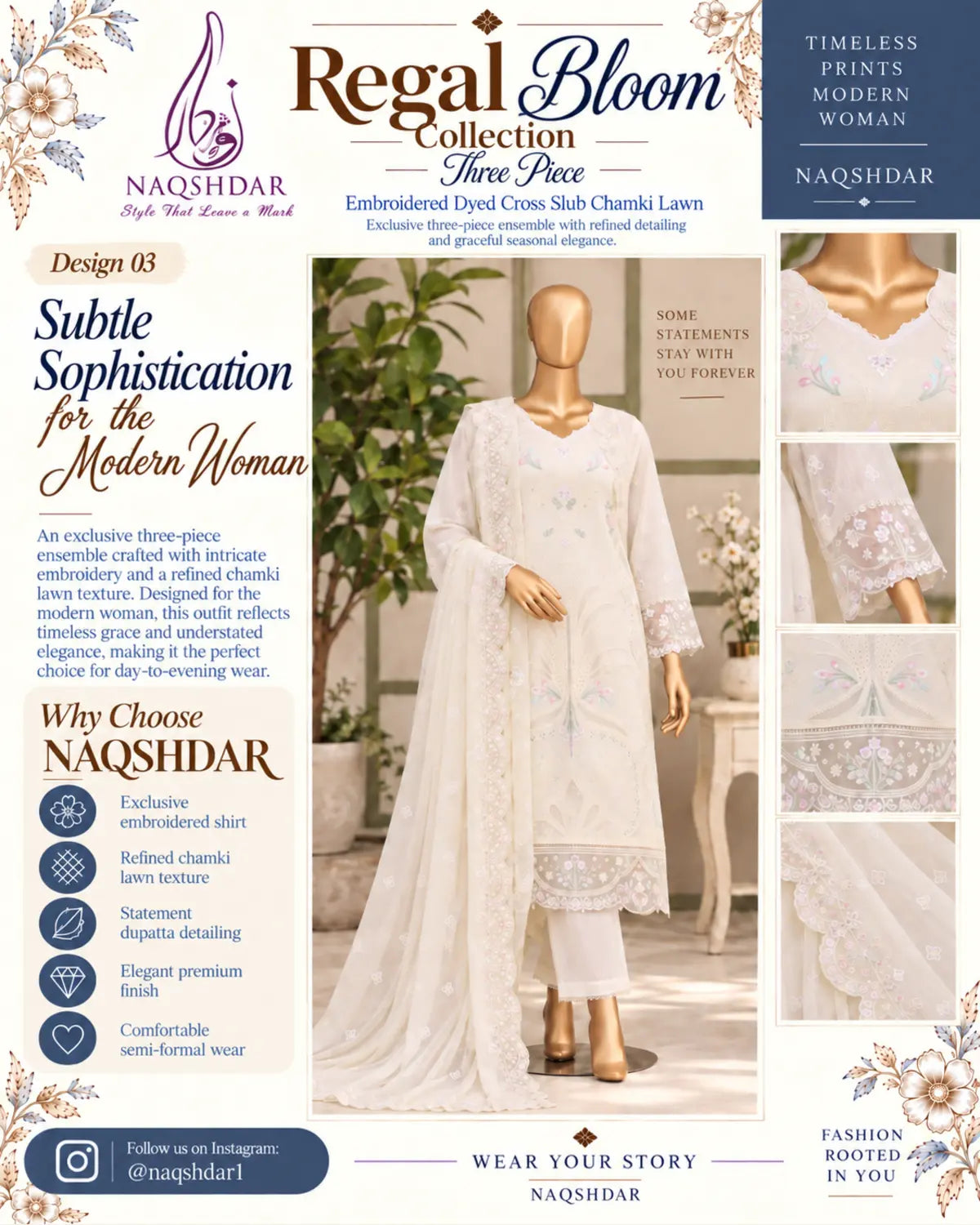 Queen of Hearts Ivory Bloom unstitched chamki lawn 3 piece main catalog view