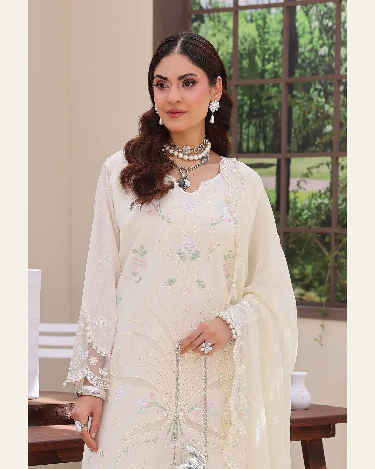 Ivory Bloom embroidered chamki lawn shirt close view