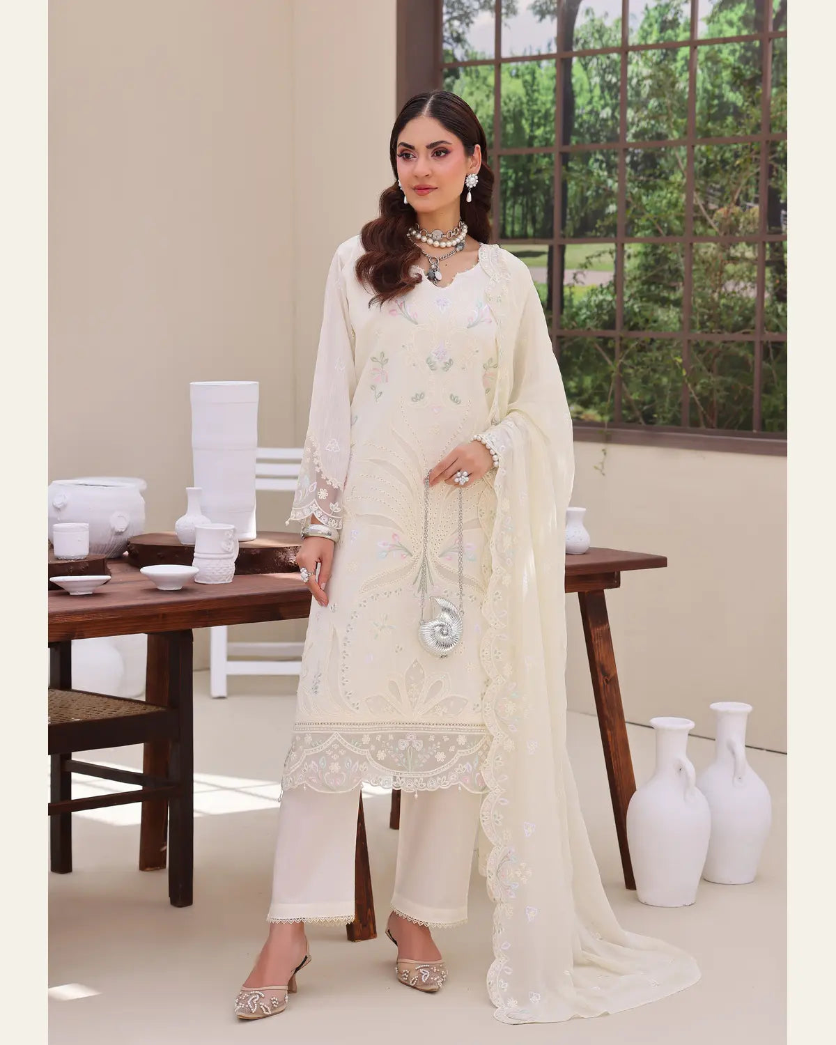 Ivory Bloom ivory 3 piece lawn full front styling view