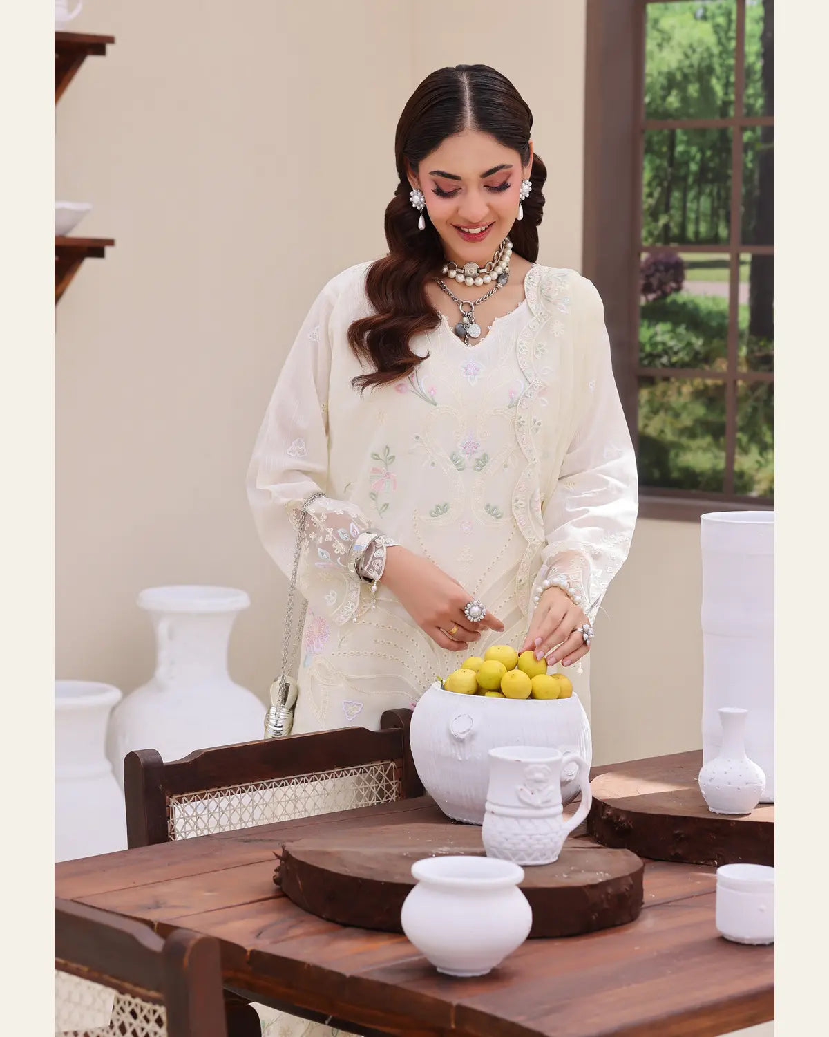 Ivory Bloom chamki lawn embroidery and sleeve detail