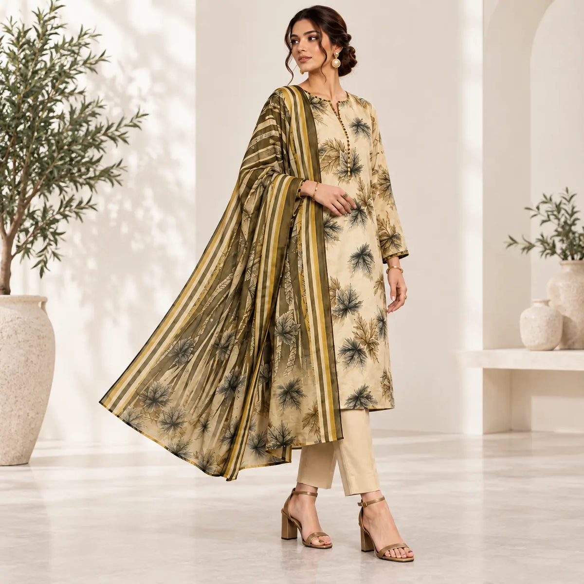 Ivory Grove cream lawn suit three-quarter view with chamki voile dupatta
