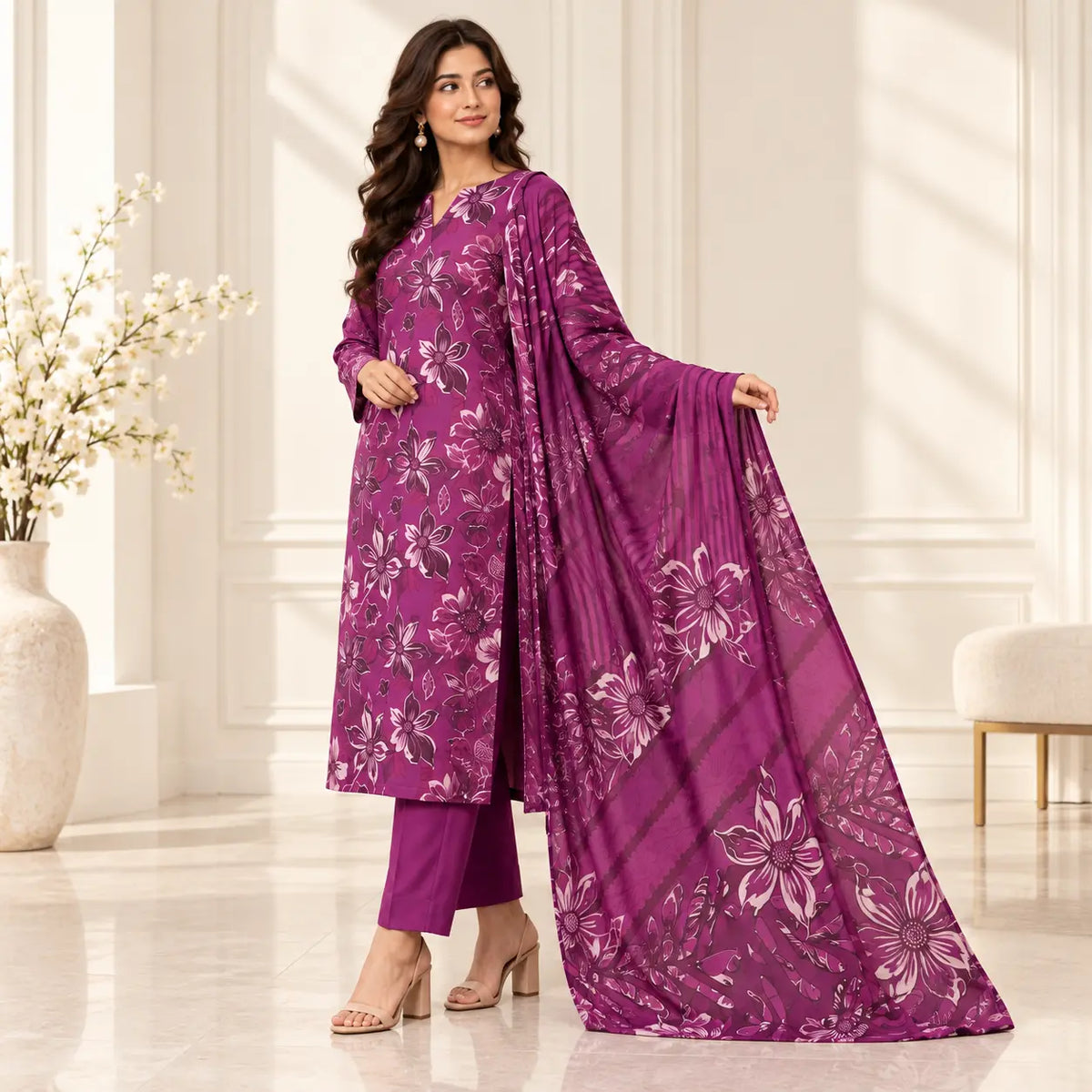 Magenta Muse lawn suit three-quarter view with chamki voile dupatta