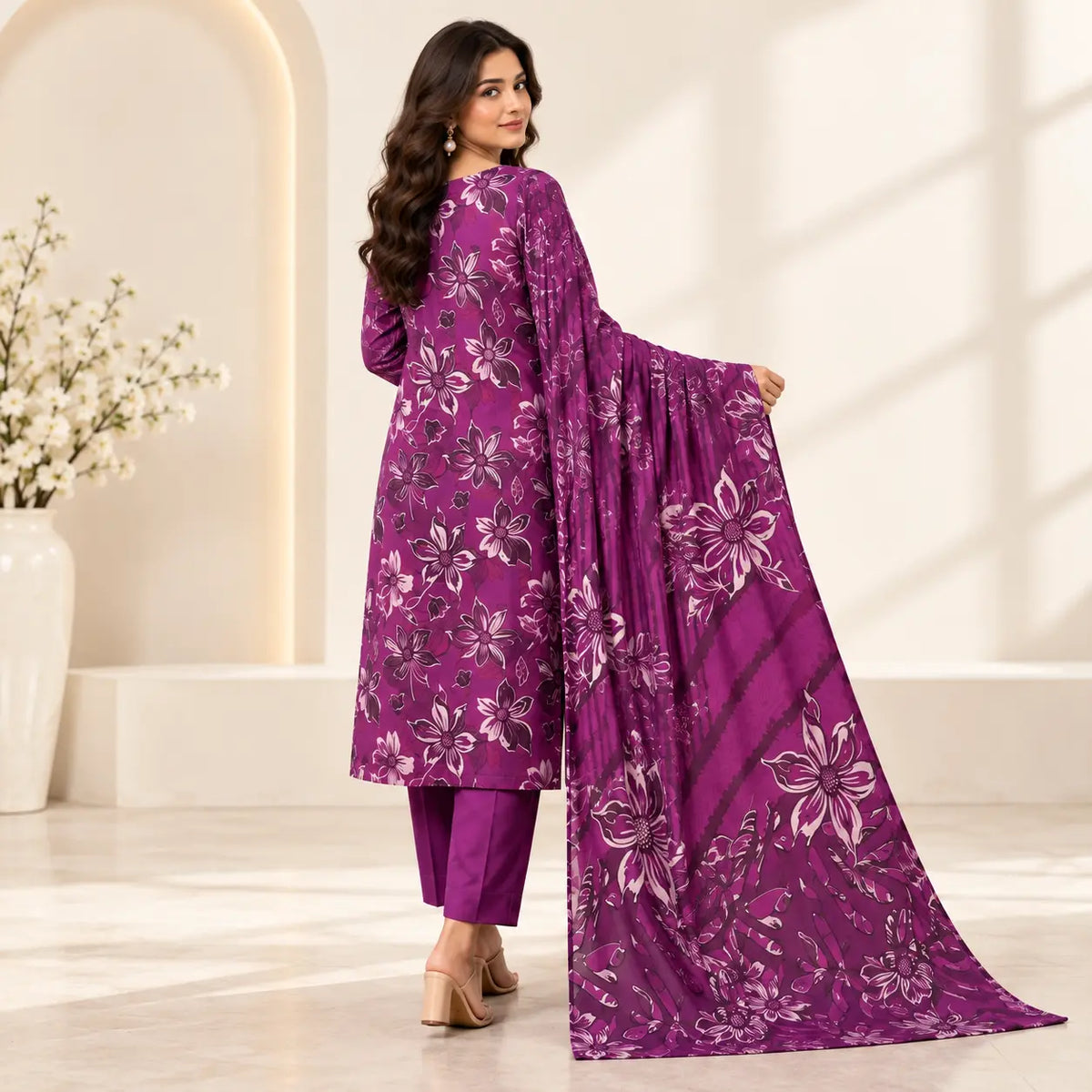 Magenta Muse lawn suit alternate view showing printed dupatta