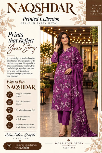 Magenta Muse digital printed chamki lawn three-piece suit