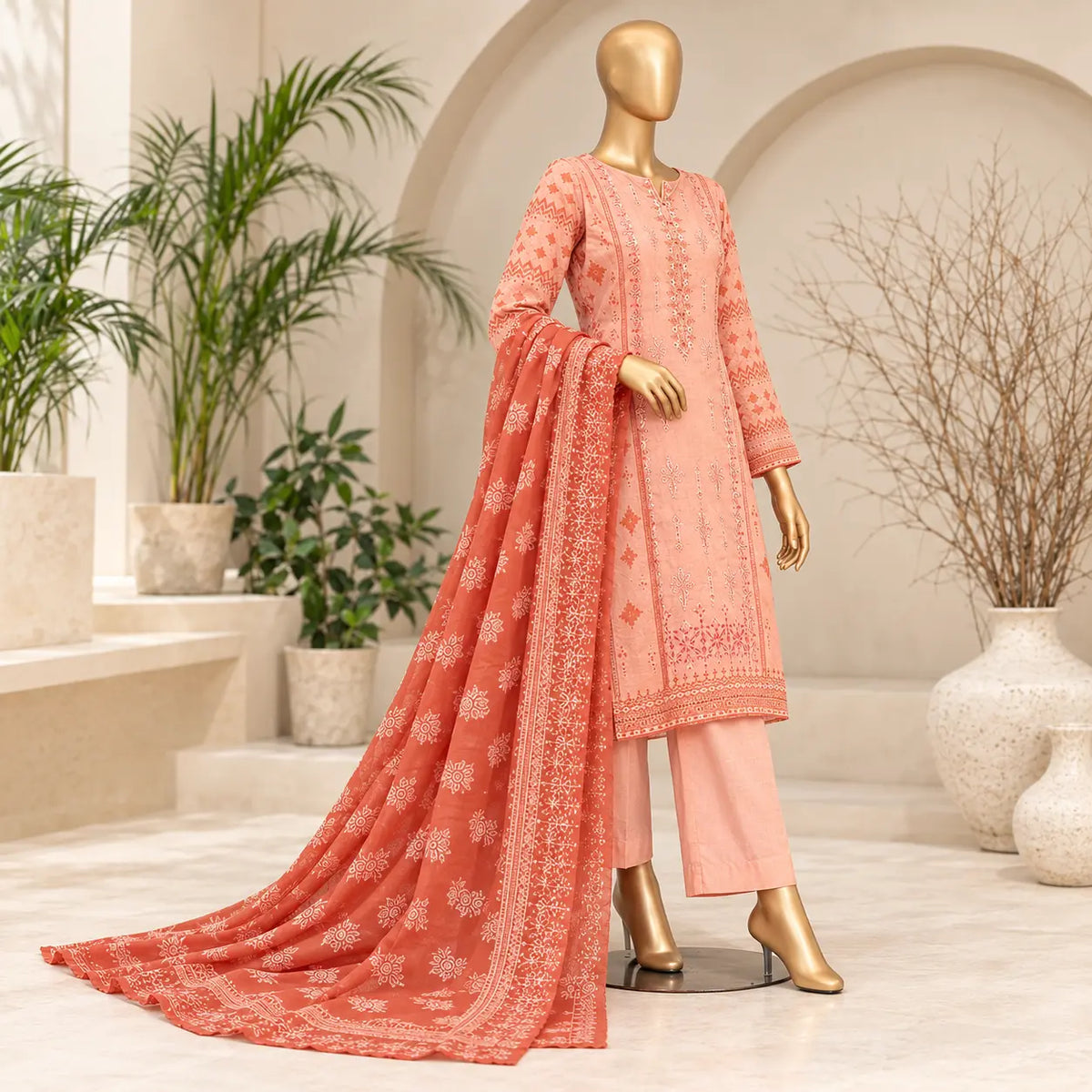 Coral Story three-quarter mannequin view showing coral dupatta border