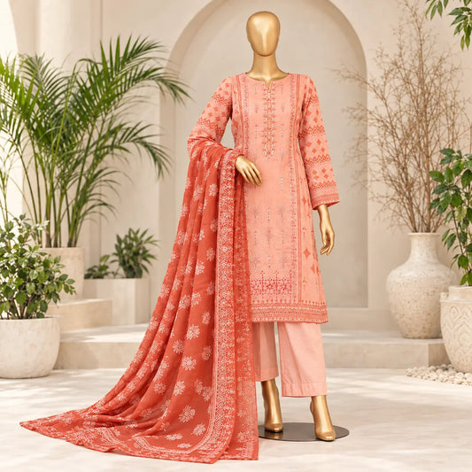 Coral Story stitched embroidered lawn suit front view with coral dupatta