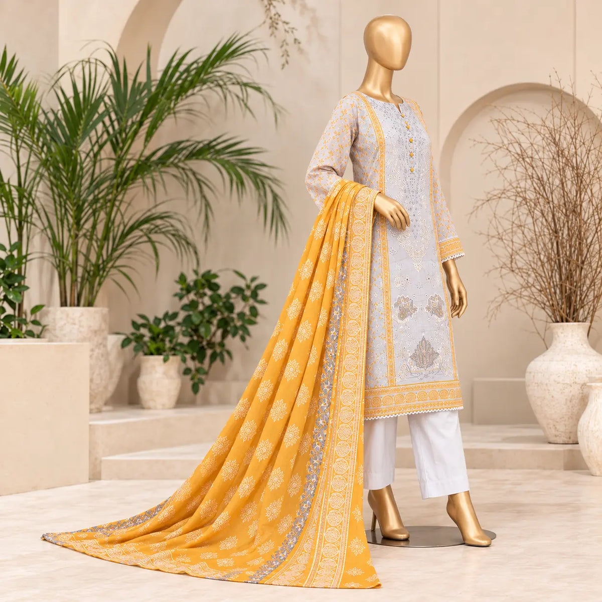Marigold Mist three-quarter mannequin view showing yellow dupatta border