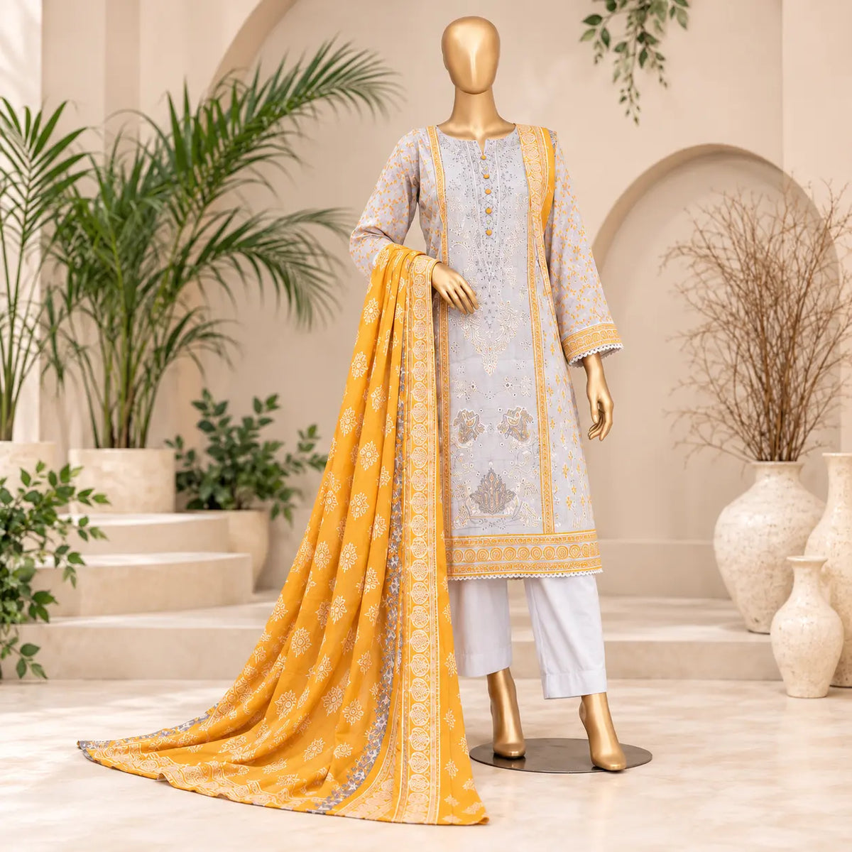 Marigold Mist stitched embroidered lawn suit front view with yellow dupatta