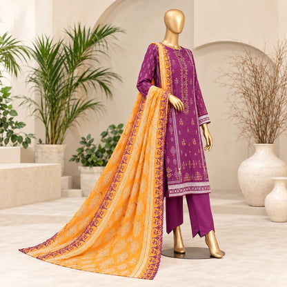 Plum Saffron three-quarter mannequin view showing orange dupatta border