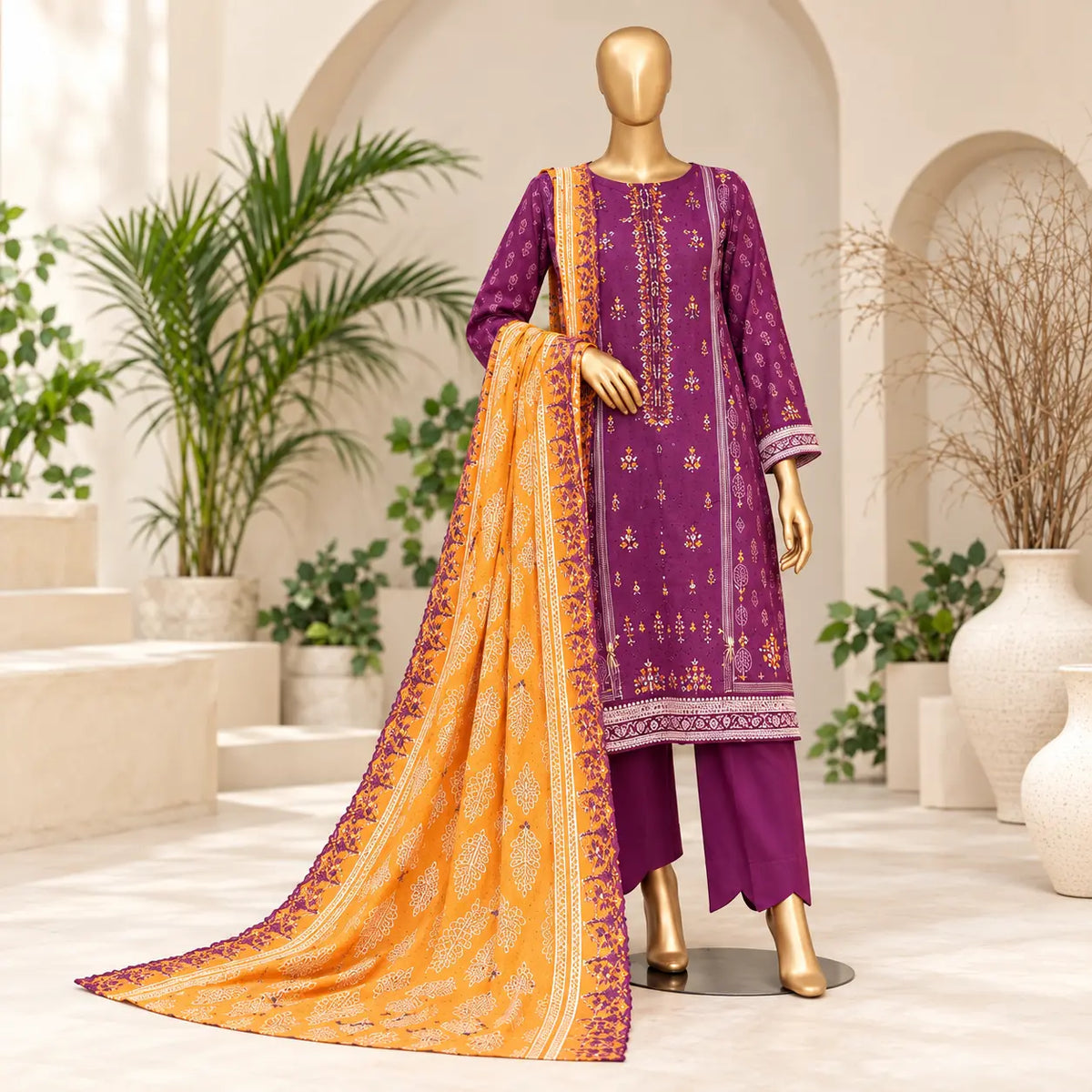 Plum Saffron stitched embroidered lawn suit front view with orange dupatta