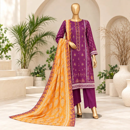 Plum Saffron stitched embroidered lawn suit front view with orange dupatta