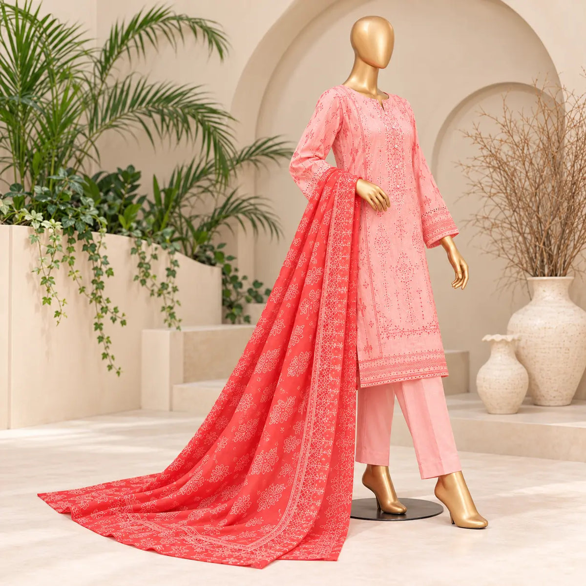 Rose Ember three-quarter mannequin view showing crimson dupatta border