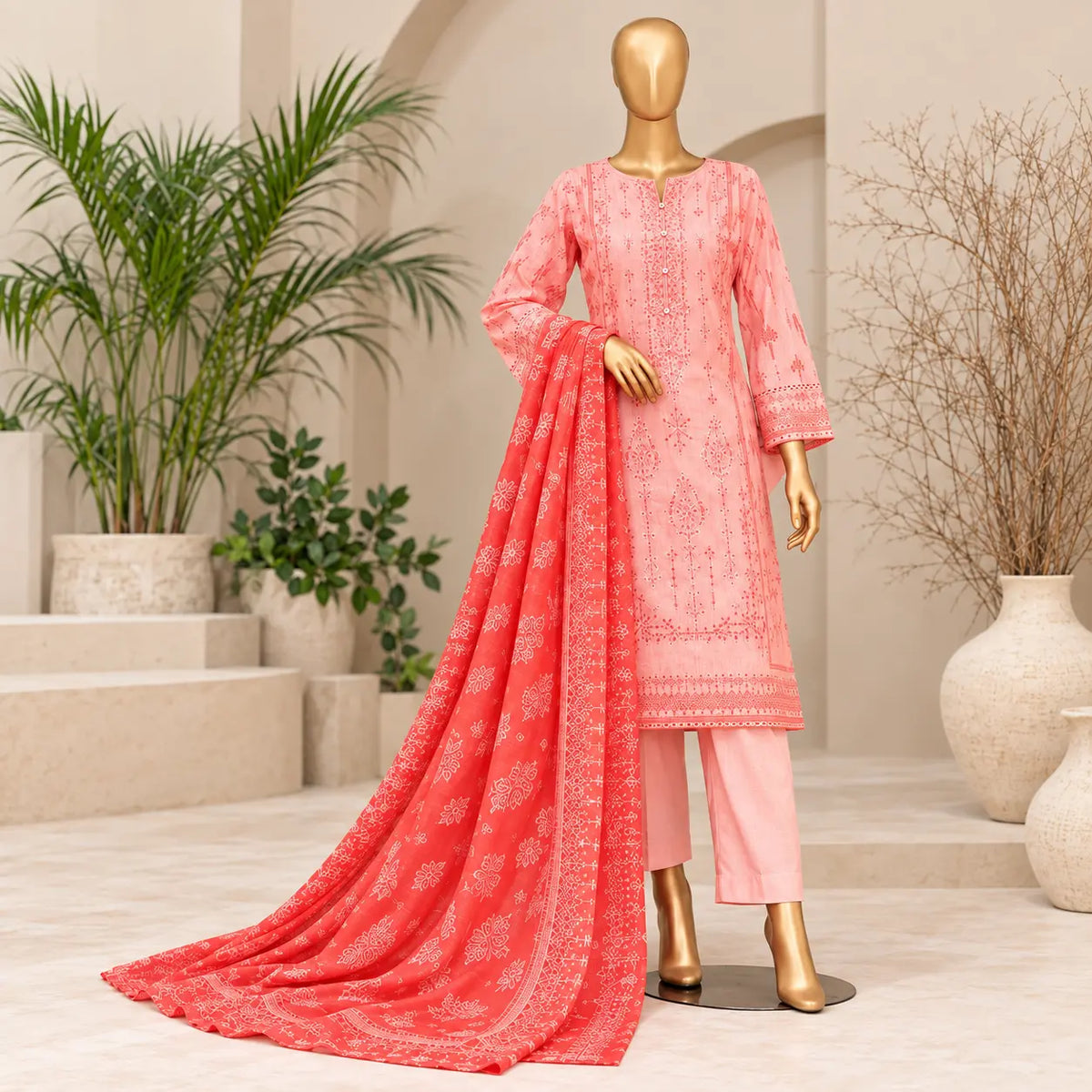 Rose Ember stitched embroidered lawn suit front view with crimson dupatta