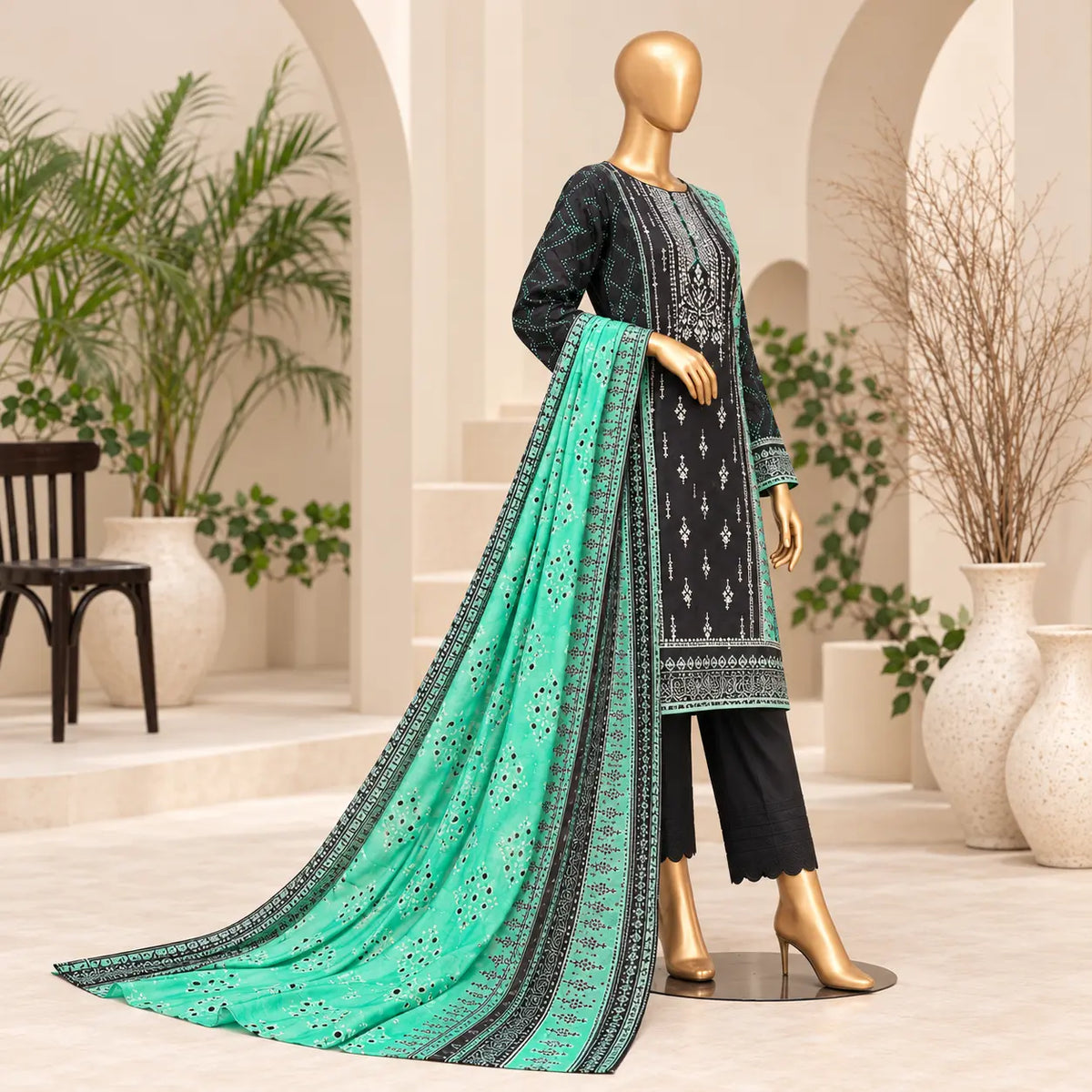 Teal Noir three-quarter mannequin view showing aqua teal dupatta border