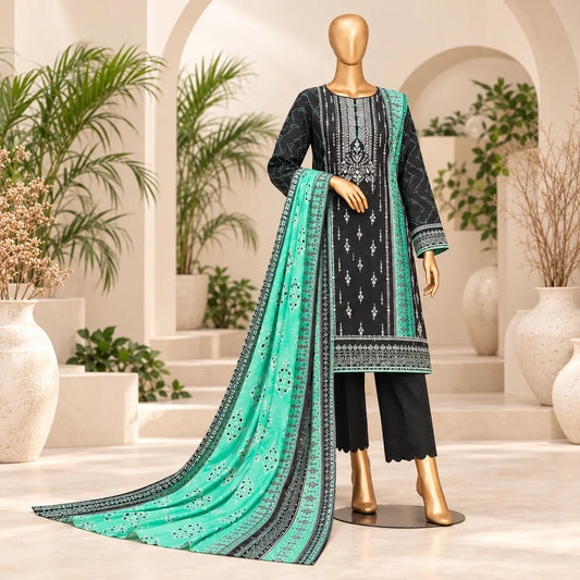 Teal Noir stitched embroidered lawn suit front view with aqua teal dupatta