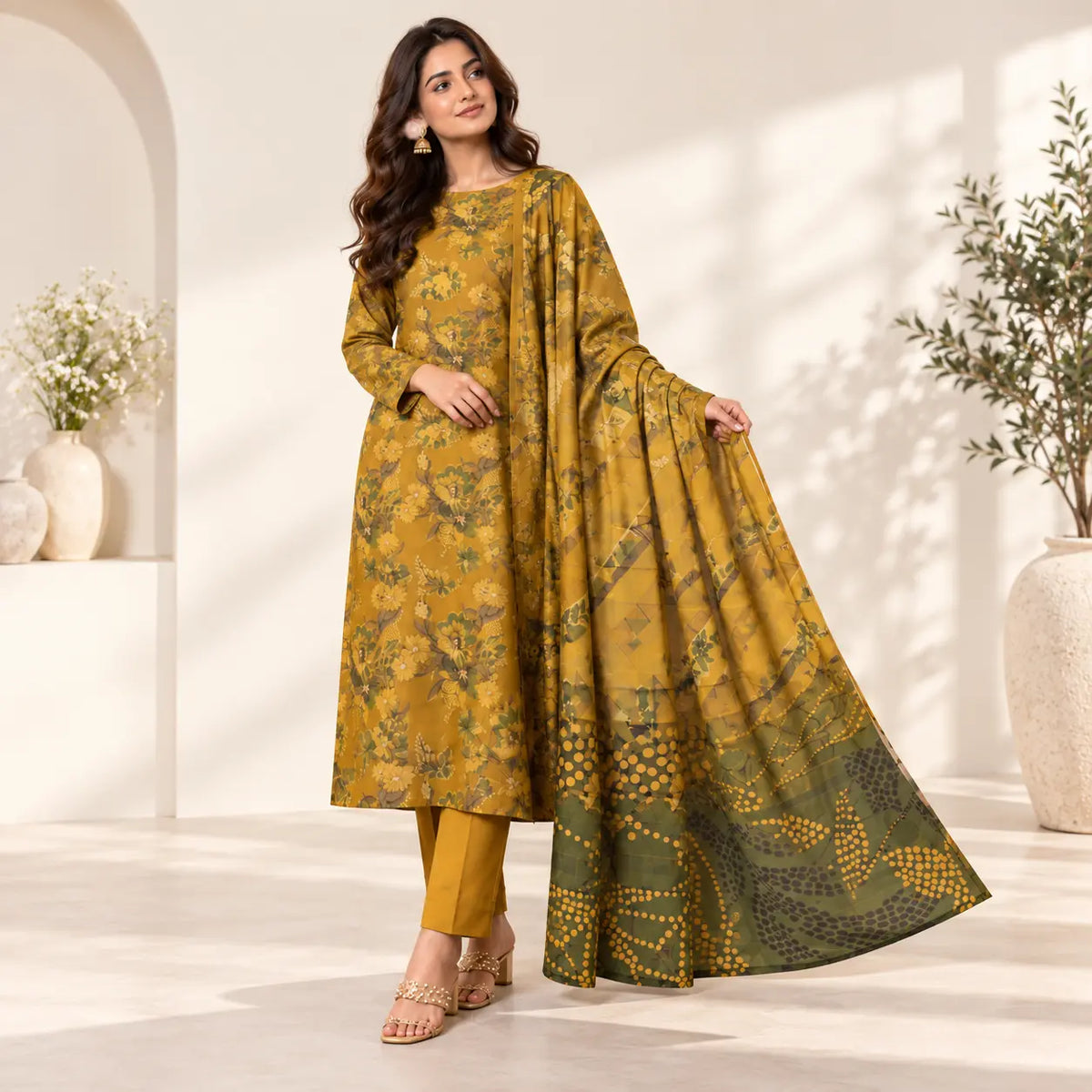 Mustard Meadow lawn suit three-quarter view with chamki voile dupatta