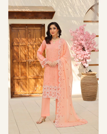 Coral Garden embroidered Broshia lawn suit front view